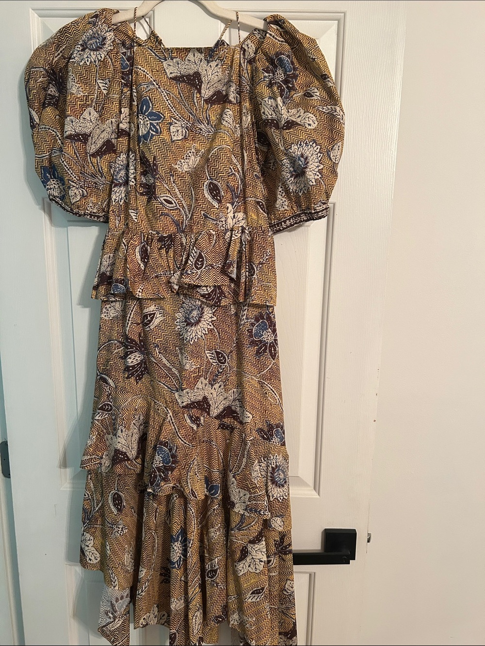 Ulla Johnson Mustard Floral Puff-Sleeve Tiered Maxi Dress